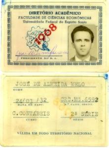 Carteira de estudante de José de Almeida Melo da Universidade Federal do Espírito Santo.