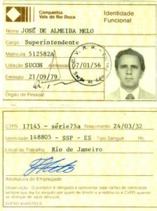 Carteira de identidade funcional de José de Almeida Melo quando trabalhava de superintendente na Companhia Vale do Rio Doce.