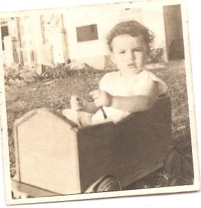 Bernadette com 1 ano dentro do carrinho de madeira feito pelo avô na rua da casa do mesmo, onde morava.