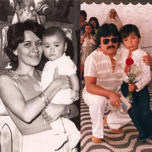 À direita no batizado com a mãe Sônia Regina Ferreira Kojima, em 1980. À esquerda com o pai, falecido em 2002, Noriyassu Kojima, na ocasião da formatura do pré em 1985.