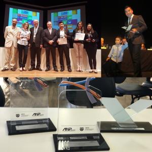Prêmios recebidos durante a carreira. À esquerda, em cima, prêmio na AEAMESP sobre o trabalho de gestão de contrato. À direita, em cima, com o filho Leonardo, no recebimento de prêmio de melhor aluno dos MBAs na FGV.