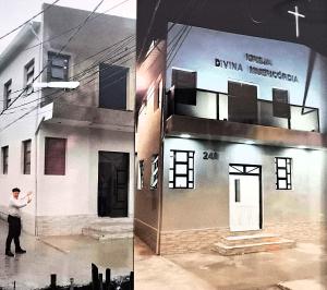 Montagem que mostra, na primeira imagem, o Padre Eniroque apresentando a Igreja da Divina Misericórdia na Vila Esperança em fase inicial, e na segunda, o templo já erguido e imponente, como permanece até hoje. Um retrato da transformação e da perseverança comunitária.