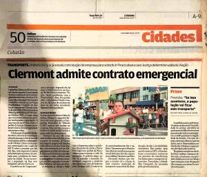 Matéria do jornal A Tribuna relatando a proposta do então prefeito Clermont Silveira Castor para estabelecer um contrato emergencial com uma empresa de ônibus, visando solucionar falhas no transporte público municipal. O documento reflete as dinâmicas administrativas e os desafios de mobilidade urbana enfrentados por Cubatão naquele período, oferecendo registro importante para a compreensão das estratégias adotadas para garantir o deslocamento da população.