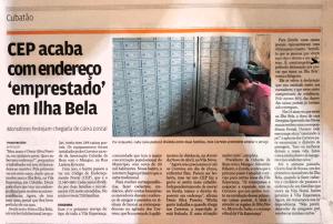 Matéria de jornal relatando o momento em que a Ilha Bela, na Vila Esperança, passou a ter CEP e caixa postal, o primeiro serviço do tipo na região. A reportagem registra também a luta de Zumbi para ampliar o acesso postal a outras áreas da Vila, marcando um avanço simbólico e prático no reconhecimento institucional do território.