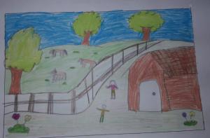 Desenho de imaginação feito pela aluna maria Eduarda Camargo da Silva, no qual  fez a casa de barro, onde D. Francisca viveu  no sitio em Piancó na Paraíba