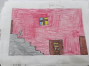 Desenho de memória de quando caiu um tombo da escada em seu estabelecimento comercial