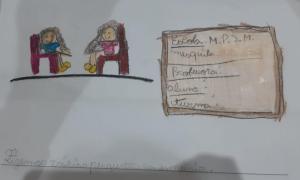 Desenho representando a entrevista de duas irmãs entrevistadas pelos alunos- Projeto Memória local na escola