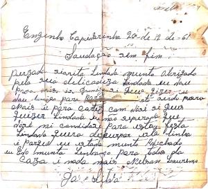 Bilhete recebido do bisavô Nelson por bisavó Lindalva em 1961,  lido aos alunos no momento da entrevista.