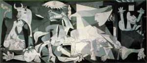 historia: Óleo sobre tela, executado para o pavilhão da República Espanhola, na Exposição Internacional de Paris, o painel tem as dimensões de 350 x 782 cm. Encontra-se atualmente no Centro Nacional de Arte Rainha Sofia, em Madrid. 

Carregado de símbolos da Espanha em meio à atmosfera angustiante e trágica criada por entrecruzamentos abruptos de linhas, para mim é o mais perfeito retrato da Guerra Civil Espanhola.<br>