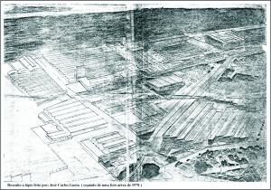 historia: Desenho de autoria de José Carlos Gueta, da fábrica Pirelli de Santo André, feito à lápis ampliado visualmente de uma foto aérea, publicada numa revista.<br>