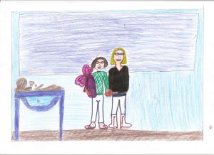 historia: Foi registrado através do desenho, o momento em que Dona Marlene recebeu uma lembrancinha dos alunos e posava para foto com a Professora Serli.<br>