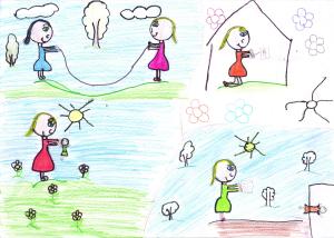 historia: Brincadeiras que alegravam o dia: pular corda, bonecas, recortava bonecas de papel e faz de conta de professora.<br>