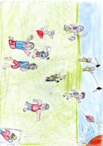 Desenho sobre Chefe Wilson brincando ao ar livre com seus amigos.