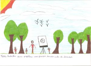 Pablo ensinando crianças a desenhar.