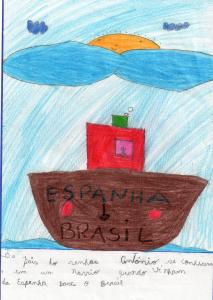 personagem: navio em que os pais do seu Antonio veio da Espanha para o Brasil<br>historia: Desenho feito por aluno do 2º ano do ciclo I, retratando a viagem de navio feita pelos pais do Seu Antonio, no fim da 1ª Guerra Mundial, quando decidiram viver no Brasil<br>
