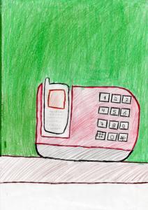 personagem: Desenho do primeiro telefone, que os pais do seu Antonio compraram. Foi o primeiro telefone da rua onde moravam.<br>historia: O telefone, o primeiro da rua onde seu Antonio morava quando criança. Foi um acontecimento histórico na rua poder falar com os amigos e parentes, por aquele aparelhinho.<br>