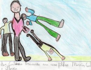 historia: desenho representando seu Antonio, brincando com os três filhos: Marcio Augusto, Carlos Gustavo e Flávio Marcelo.<br>