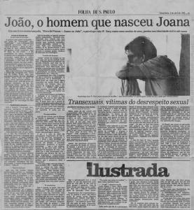 Matéria digitalizada de sua primeira entrevista quando lançou seu primeiro livro autobiográfico, Erro de Pessoa, Joana ou João? pela Editora Record (1984).