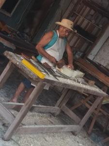 Seu Sebastião construindo uma viola de cocho em sua oficina que fica no quintal da sua casa. Essa oficina, ele montou através de um edital da Funarte em 2019. Ele aproveitou o espaço de 40 metros que tinha no quintal.
Muitas pessoas lhe visitam para conhecer sua oficina e adquirir suas violas. Até estrangeiros e musicistas já se hospedaram em sua casa.