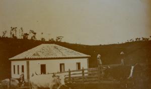 Imagem da primeira sede da Fazenda em Água Limpa, em Mococa, registrada no século XIX. Fundada em 1822 pelo avô do bisavô de João, a fazenda foi inicialmente dedicada à agricultura de subsistência, com o cultivo de arroz, mandioca, milho, couve, fumo e cana-de-açúcar para produção de rapadura. Em 1844, foram introduzidos os primeiros pés de café, marcando uma nova etapa na história da propriedade. Foi nesse espaço que João viveu toda a sua infância e juventude, cercado pelas raízes de sua família e pela memória de gerações que ajudaram a moldar o território.