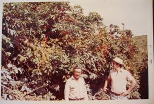 Em abril de 1974, o administrador Antônio Ferreira de Souza e João Pereira Lima Neto são retratados durante uma visita à plantação de café. A imagem registra um momento de observação e diálogo sobre o cultivo, tendo ao fundo os pés de café que compõem a paisagem agrícola da fazenda.