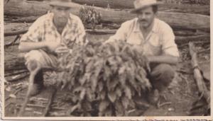 A imagem mostra os tios Joaquim Augusto Ribeiro do Valle Neto e José Carlos Ribeiro do Valle na Fazenda Santo Antônio da Água Limpa. Eles acompanham o desenvolvimento das lavouras de café plantadas após a derrubada das matas virgens, refletindo as transformações da paisagem natural e os modos de ocupação do território rural.
