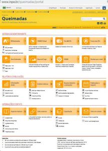 Home atual do site do Programa Queimadas. O Monitoramento de queimadas em imagens de satélites pelo INPE evoluiu com o avanço da tecnologia dos sensores e satélites e com o advento da internet, desde os produtos iniciais gerados manualmente em 1985, passando pela institucionalização do trabalho por meio do PROARCO, em decorrência do grande incêndio florestal em Roraima em 1998. Atualmente, são gerados automaticamente dezenas de produtos operacionais, e o Portal de Queimadas permite acesso a vários sistemas de monitoramento e os resultados e dados são atualizados continuamente.
www.inpe.br/queimadas