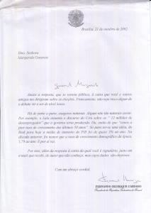 Carta do Fernando Henrique Cardoso, então presidente, para Margarida, em resposta à carta que ela havia enviado sobre as eleições.
