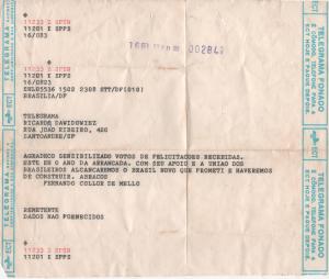 Enviei um telegrama ao Collor parabenizando-o pela vitória e ele me respondeu