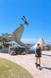 Em julho de 2025, no mirante da baleia, em Rio das Ostras, Sandra e Dean observam a paisagem litorânea diante da réplica da escultura. A imagem destaca a experiência de viajar com o cachorro da família, incorporando cuidados, caminhadas e convivência ao longo da viagem de comemoração da aposentadoria de Vagner, esposo.