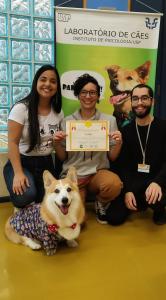 Toddy aparece ao lado do professor Francisco, da USP, em atividades de pesquisa sobre comportamento animal e apoio terapêutico. O cãozinho participou de estudos, teses de mestrado e doutorado que buscavam compreender como a presença de animais auxilia na assistência a pacientes.