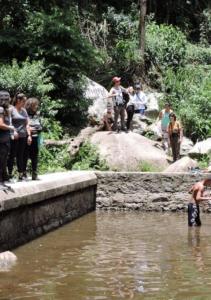 Registros de uma das caminhadas de educação ambiental guiadas pelo Sr. Quintino no alto da Serra da Cantareira. O grupo observa a antiga caixa de pedra de captação e guarda das águas do Canivete, estrutura que faz parte do mapeamento de nascentes defendido pela comunidade.