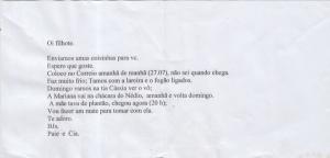 Carta enviada a Joziane pela família, junto com a encomenda postada mensalmente de Santa Maria para São Paulo.