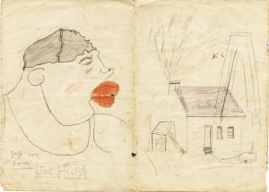 Caricatura de Joe Louis, famoso pugilista dos anos de 1930, e ao lado, o primeiro projeto de casa do arquiteto José do Nascimento Ribeiro.