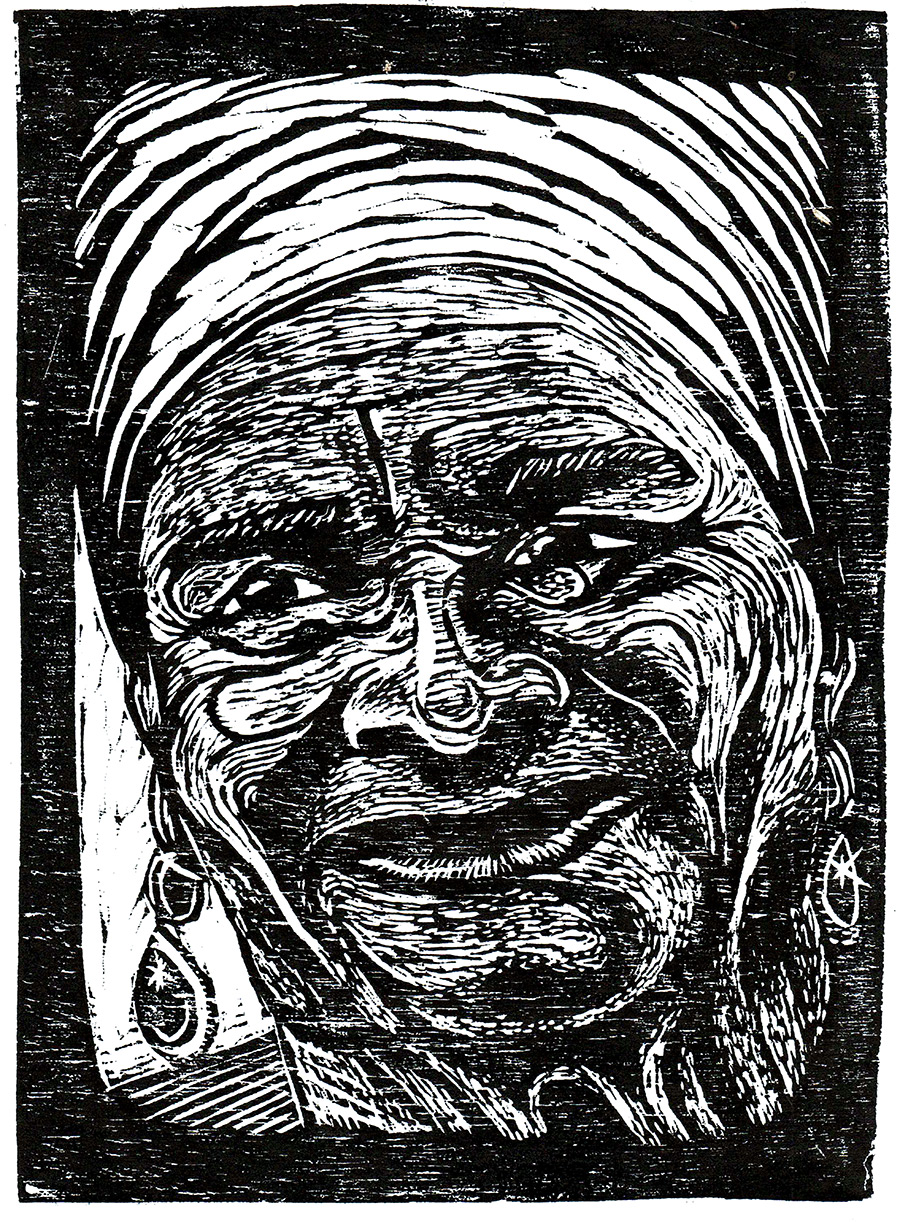 Xilogravura com moldura preta. Ao centro, rosto de uma mulher idosa. Ela usa brincos, lenço na cabeça e sorri com a boca fechada. Abaixo da xilogravura, está escrito: “Dona Dalva: sambadeira imortal”.