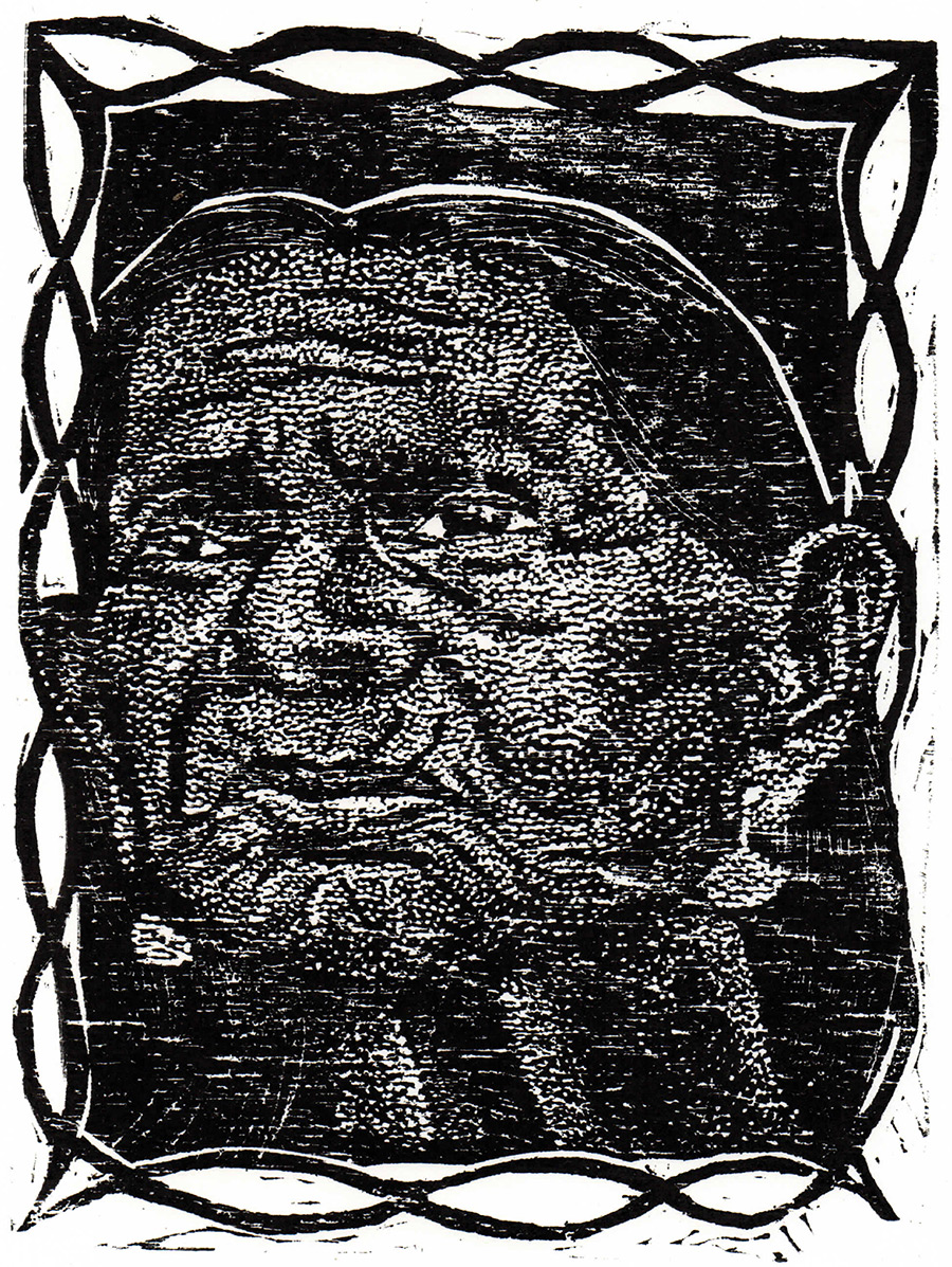 Xilogravura com moldura de fundo branco com linhas pretas entrecruzadas. Ao centro, rosto de uma mulher idosa. Ela usa brincos e tem os cabelos pretos atrás das orelhas. Abaixo da xilogravura, está escrito: “Francisca Nawa: uma biblioteca da Amazônia”.