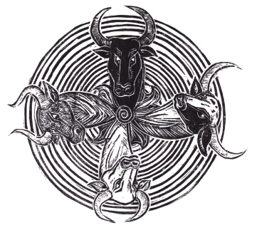 Xilogravura. Círculo preenchido por linhas pretas. Ao centro, uma espiral une quatro cabeças de boias, cada uma na direção norte, sul, leste e oeste. Abaixo, está escrito o nome e autor: “Mandala boi, 2023 - Lucélia”.