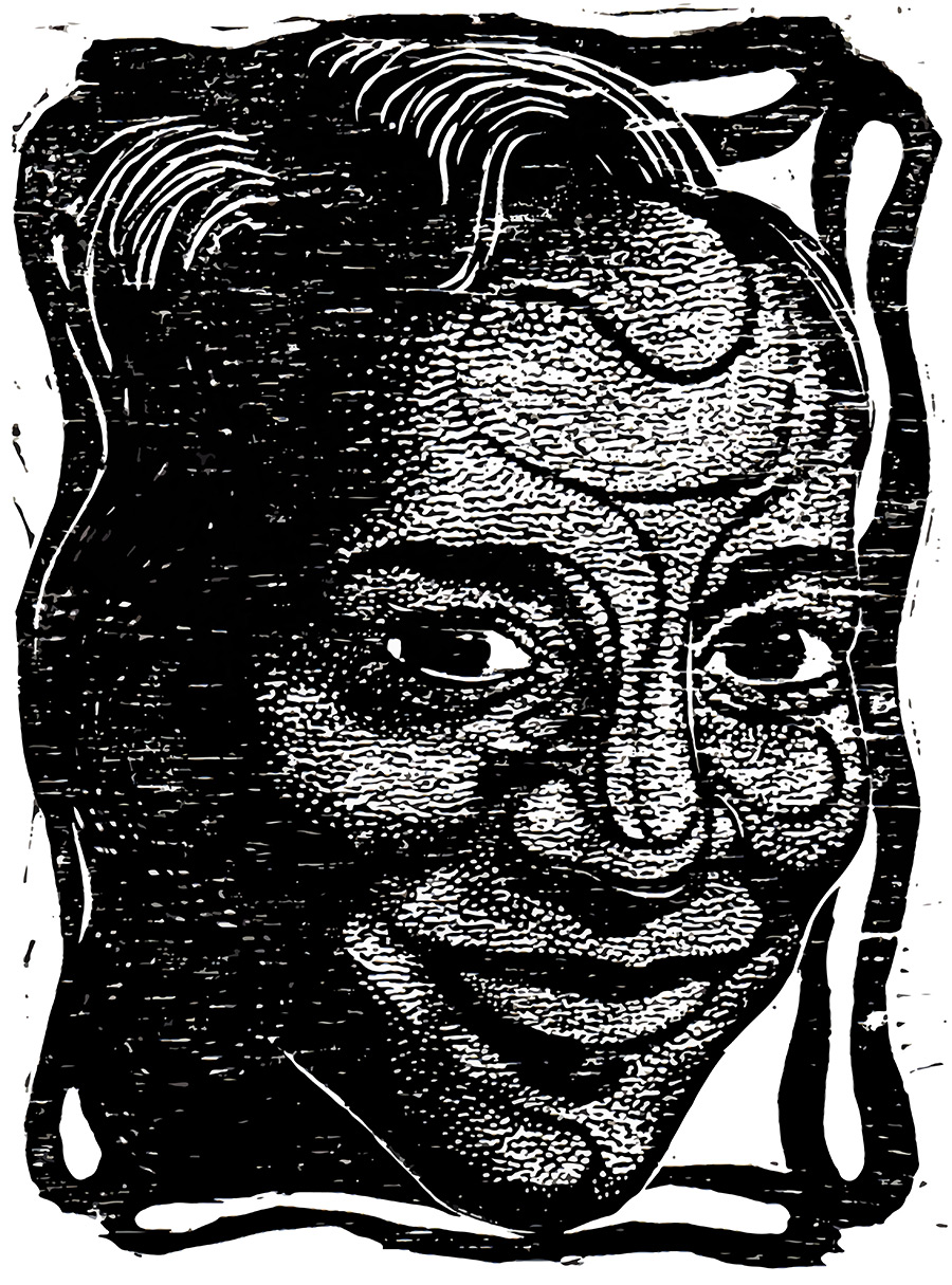 Xilogravura com moldura de fundo branco e ondulações pretas. Ao centro, rosto de uma mulher que sorri com a boca fechada. Seu rosto está inclinado para a direita e seu olhar para a esquerda. Abaixo da xilogravura, está escrito: Roberta Estrela D'alva: o mistério de Ogum.